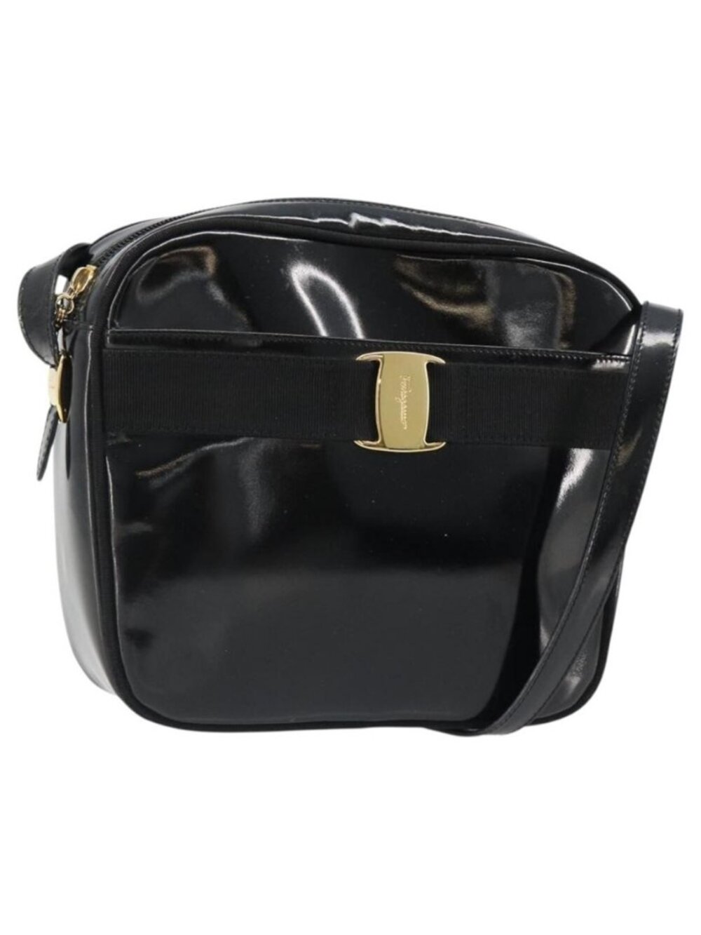 Authentic Salvatore Ferragamo Shoulder Bag Patent Leather Black Gold